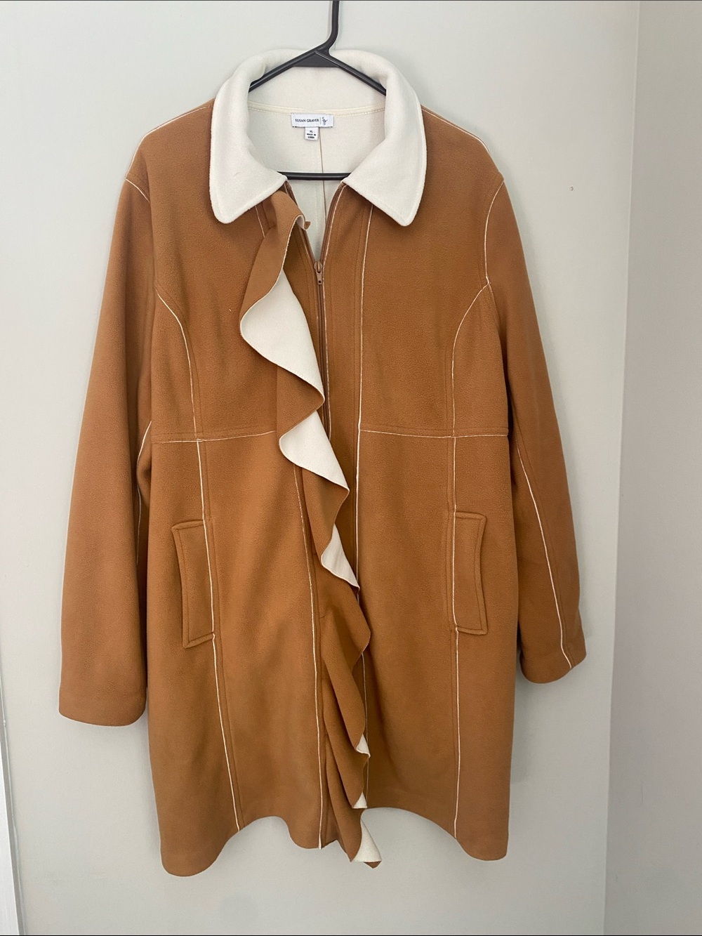 Susan Graver Camel Trench Coat with Cream Ruffle Trim